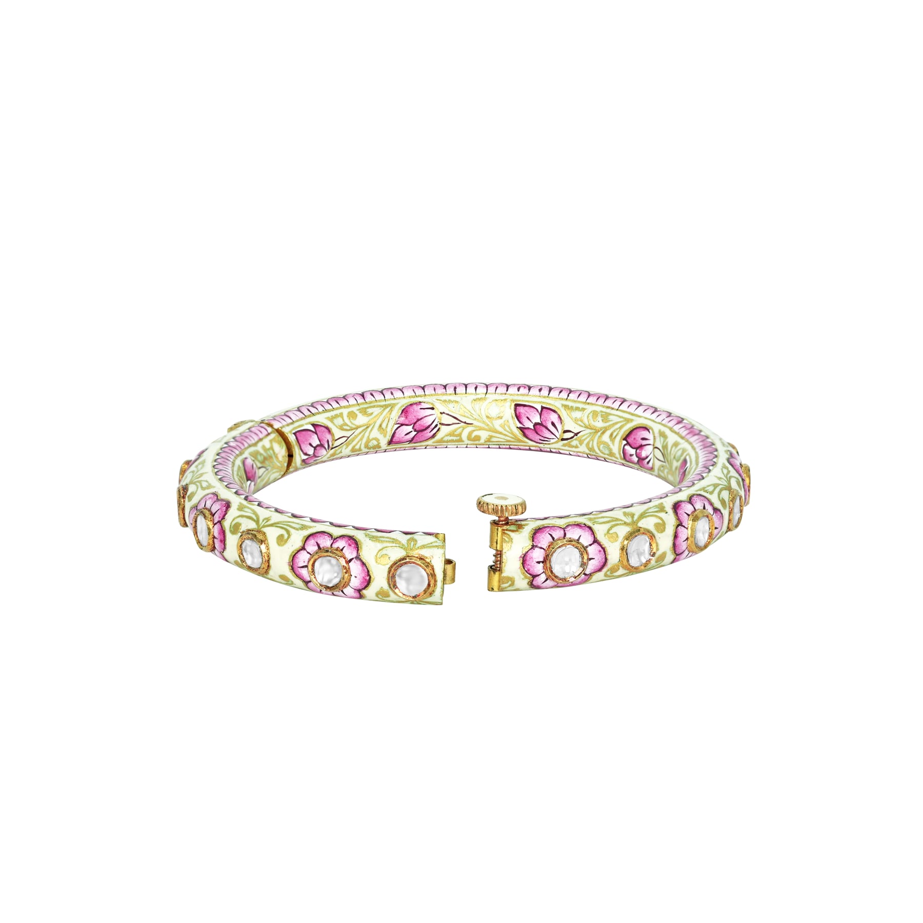 Pink Floral Enamel Bangle with Uncut Diamond Polki